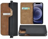 iPhone 12 Pro hoesje - Bookcase - Portemonnee Hoes Ultra dun Echt leer Wallet case Zwart