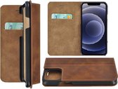 iPhone 12 Pro hoesje - Bookcase - Portemonnee Hoes Ultra dun Echt leer Wallet case Cognac Bruin