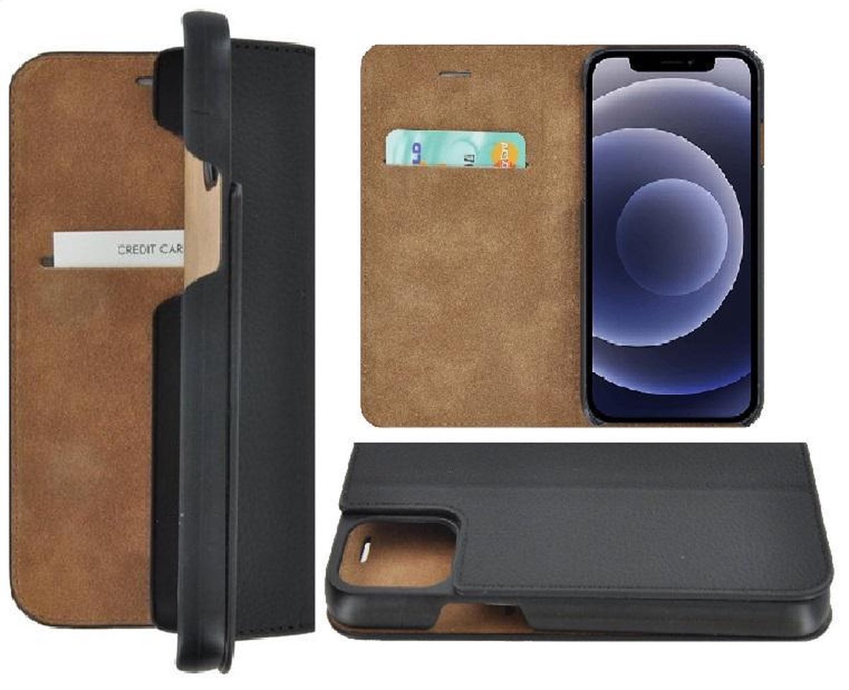 Geschikt voor iPhone 12 Pro Max hoesje - Bookcase - Portemonnee Hoes Ultra dun Echt leer Wallet case Zwart