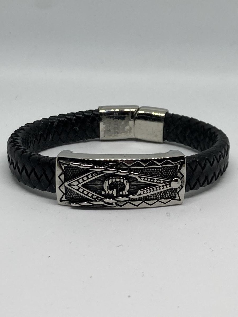 RH-Jewelry. Lederen heren armband vrij metselaar. 22 cm.