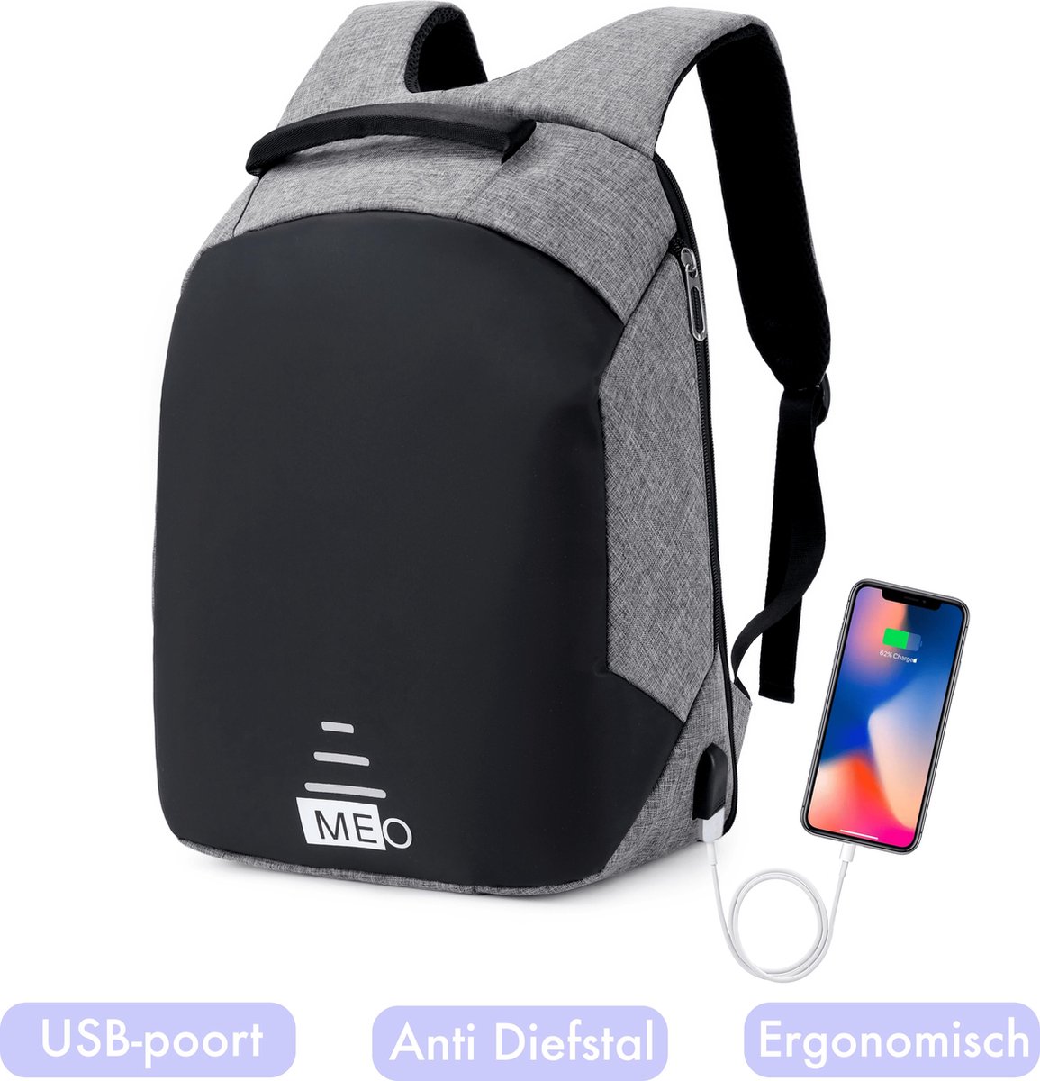 Meo Laptop Rugzak met USB poort – Anti-diefstal Rugzak - Unisex – Waterdichte Rugzak - 20 liter – Zw