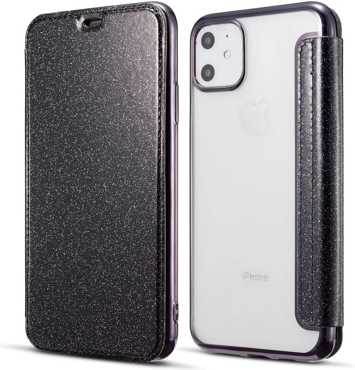 Geschikt voor Apple iPhone 12 Mini Flip hoesje - Zwart - Folio Glitter
