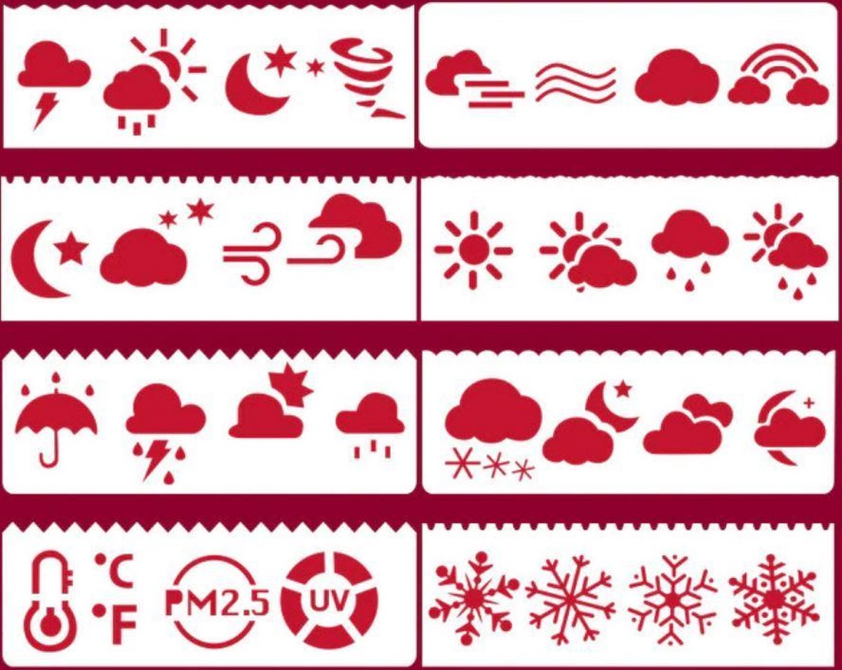 Bullet Journal Plastic Stencils - 8 stuks - Templates - Weer - Klimaat - Temperatuur - PM2.5 - UV - Ijs - Sneeuw - Wind - Regen - Hagel - Zon - Regenboog - Sjablonen - 5,5 x 18,3cm - Handlettering toolkit - Knutselen - Decoratie - Accessoires