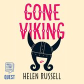 Boekcover 'Gone Viking' met roze tekst en een vikinghelm met hoorns en een gezicht.