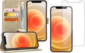 Hoesje geschikt voor iPhone 12 Pro Max - Screen Protector GlassGuard - Book Case Leer Pasjeshouder Goud & Screenprotector