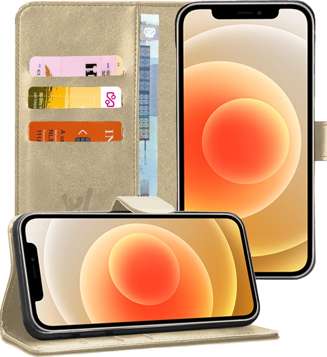 Hoesje geschikt voor iPhone 12 Mini - Book Case Kunstleer Pasjeshouder Goud
