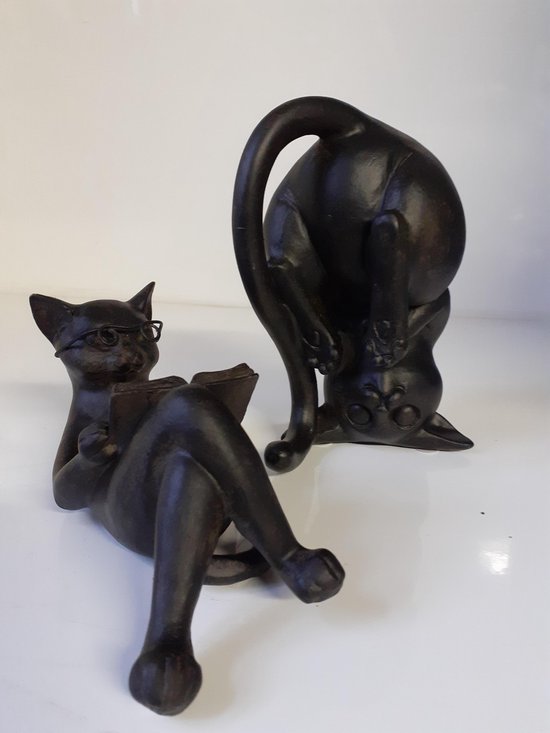 gaan beslissen Verwachten levering Katten beeldjes zwarte katten set van 2 liggend met boek en kat op zijn kop  15x9x13 cm | bol.com