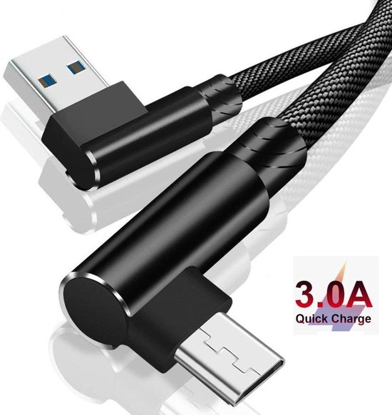 DrPhone D9 Micro USB Dubbele 90° Haakse Nylon Gevlochten 3A kabel – 1 Meter -Datasynchronisatie & Snel opladen – Zwart