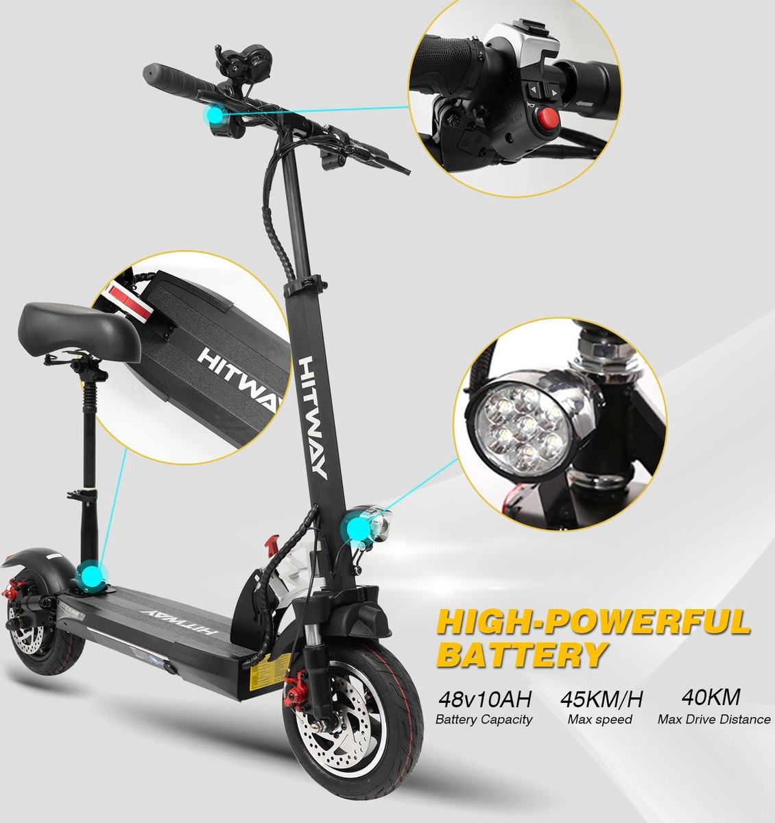 Scooter électrique pliable Hitway E-scooter, 10 Ah, 800 W, Avec selle -  Zwart
