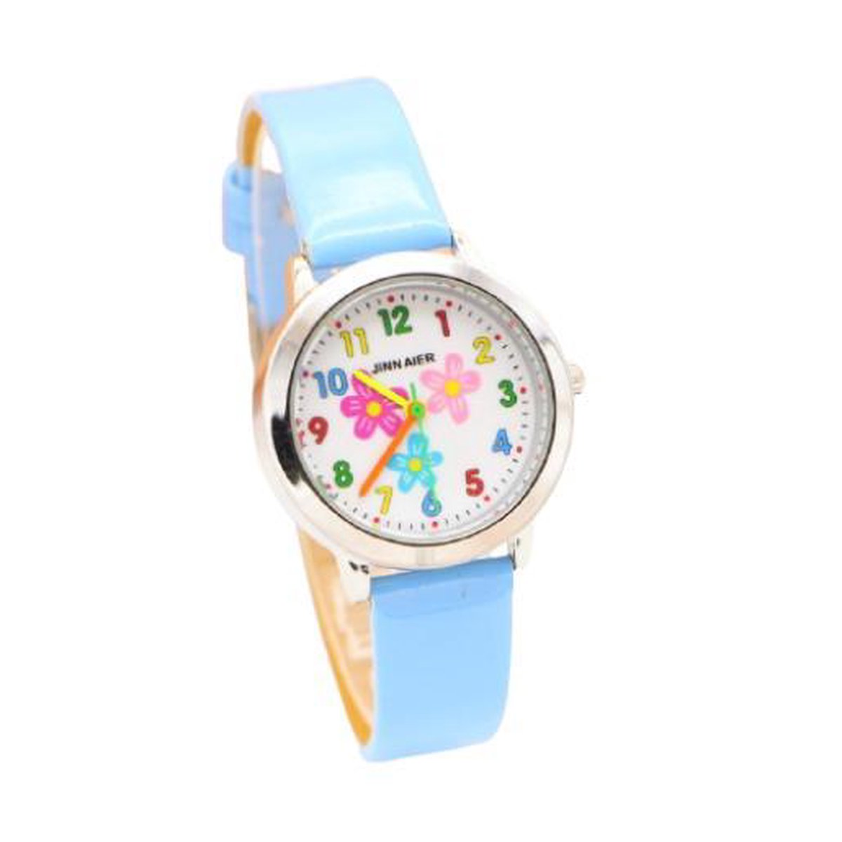 Meisjes horloge lichtblauw met bloem afbeelding en leer bandje.