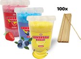 Suikerspin Suiker - Aardbei - Bosbes - Banaan  - 3 potten x 400 gram incl. ± 100 suikerspin stokjes - Fruit combo 4