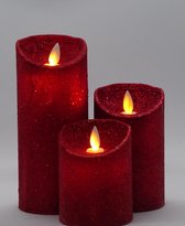 Set van drie Led Kaarsen Rood Glitter op batterijen met bewegende vlam en afstandsbediening