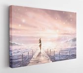 Beautiful illustration with sunlight. A girl in a dress standing on a pier by the sea. Picture. Shine at dawn or at sunset. Pastel pink and blue colors. Fantasy  - Modern Art Canva