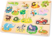 New Classic Toys - Grote Houten Knoppuzzel - Safaridieren / Safari - Houten Puzzel met Knopjes - 16 Puzzelstukjes - FSC