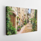 Flowery streets on a rainy spring day in a small magical village Pienza, Tuscany - Modern Art Canvas - Horizontal - 436469914 - 115*75 Horizontal