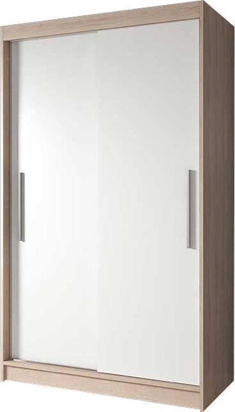 E-MEUBILAIR Zweefdeurkast Kledingkast Garderobekast met planken en kledingstang - 120x61x200 cm (BxDxH) - NOAH 04 (Sonoma+ Wit)
