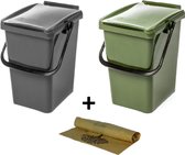 Set van 2 Kliko 10 l afvalbakken + bio afvalzakken 10 liter - groen - grijs - afval scheiden - GFT - restafval - plastic - 2 afvalemmers - 30 cm hoog - 10 liter