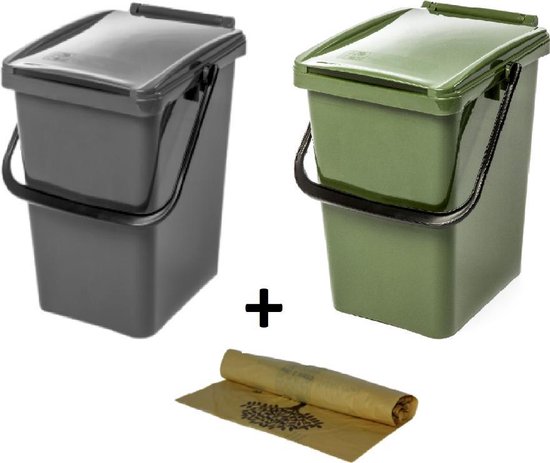Set van 2 Kliko 10 l afvalbakken + bio afvalzakken 10 liter - groen - grijs  - afval... | bol.com