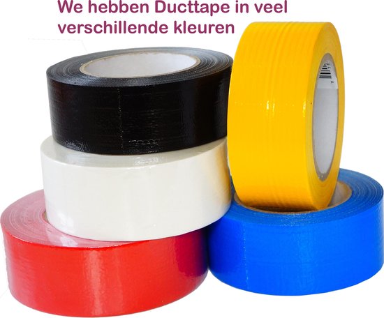 Verschillende kleuren ducttape: zwart, wit, rood, geel en blauw.