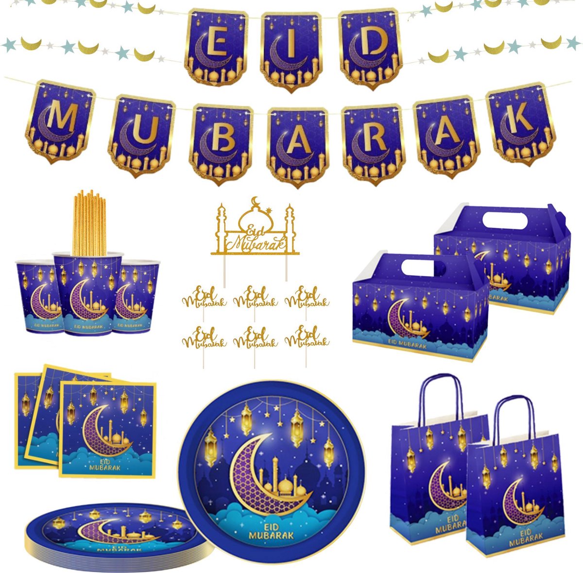 Partizzle 8 pers. Ramadan Decoratie - Eid Mubarak Feest Versiering - Slingers Wegwerp Servies Bekers Prikkers - Suikerfeest 2023 - Partizzle®