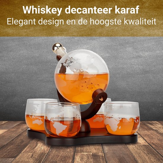 WhisKing Whiskey Karaf Incl. 4 Whiskey Glazen - Decanteer Karaf Wereldbol Design - Whiskey Set - WhisKing