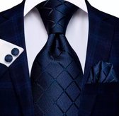 Stropdas set 100% zijde- marine blauw-blokmotief-stropdas-manchetknopen-pochet met dasspeld Charme Bijoux