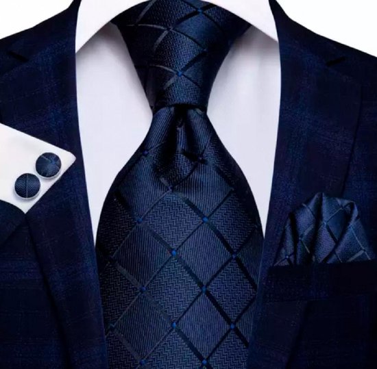 Stropdas set 100% zijde- marine blauw-blokmotief-stropdas-manchetknopen-pochet -Charme Bijoux