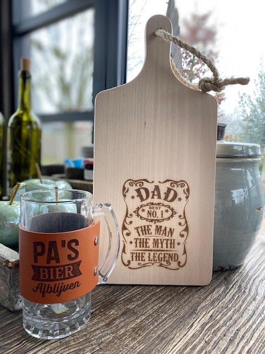 Geschenkset Bier Voor Vaders - Serveerplank Met Tekst/Bierpul - Bruin