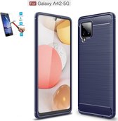 Samsung Galaxy A42 Carbone Brushed Tpu Blauw Cover Case Hoesje - 1 x Tempered Glass Screenprotector CTBL