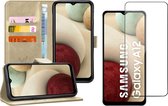 Hoesje geschikt voor Samsung Galaxy A12 - Screen Protector GlassGuard - Book Case Leer Pasjeshouder Goud & Screenprotector