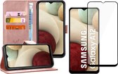 Hoesje geschikt voor Samsung Galaxy A12 - Screen Protector FullGuard - Book Case Leer Pasjeshouder Rosegoud & Screenprotector