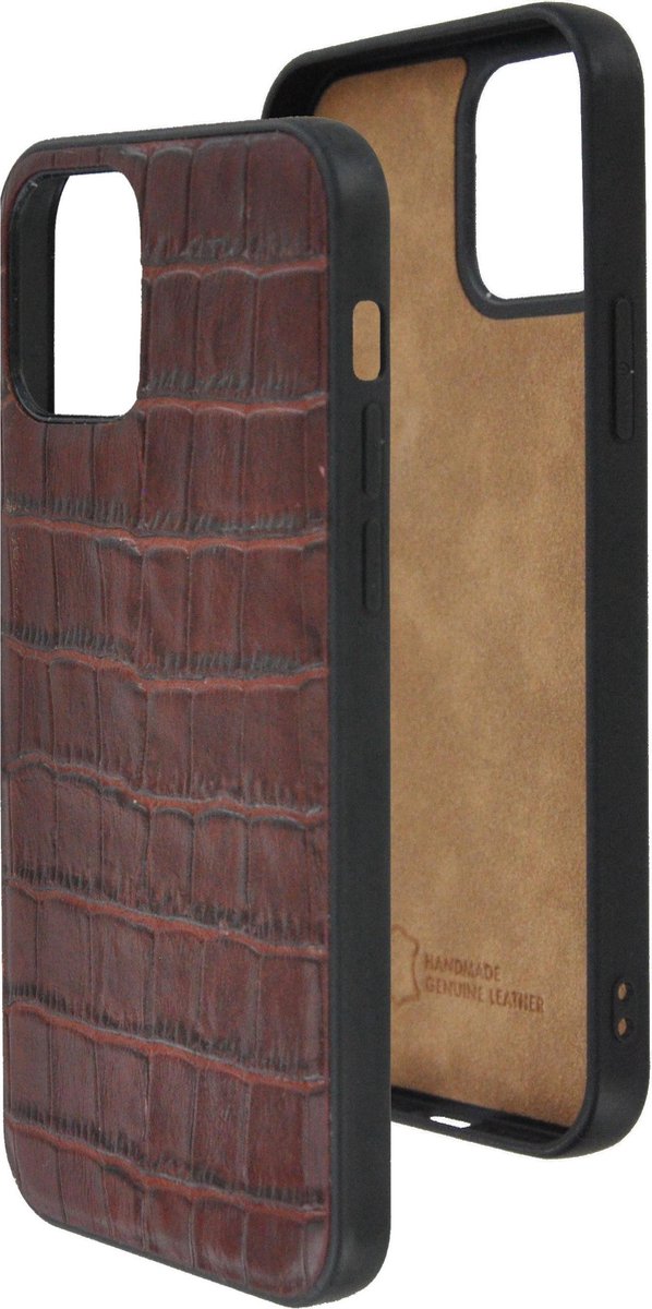 Geschikt voor iPhone 12 Hoesje - iPhone 12 hoesje Echt leer Back Cover P Case Croco Bruin