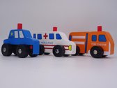 Speelgoed Hulpverleningsauto's - Houten speelgoed 1 jaar - Politieauto - Ambulance - Brandweerauto - Houten speelgoed auto - Set van 3 x 12cm