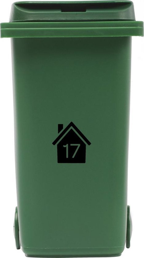 Groene vuilnisbak met huisnummer 17.