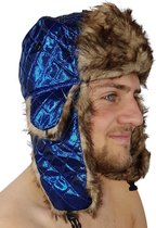 Metallic pilotenmuts met bont, blauw.