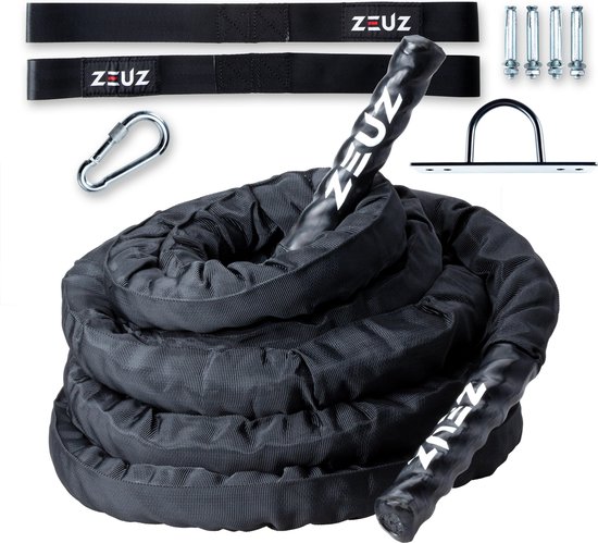ZEUZ Premium 9 Meter Battle Rope inclusief Nylon Sleeve & Bevestigingsmateriaal – Training Touw voor Fitness & CrossFit – Thuis trainen