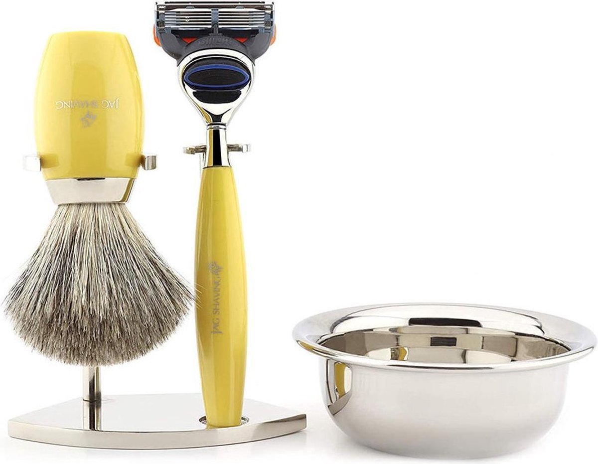 Gele luxe herenscheerset met scheermesjes met 5 cartridges, scheerkwaststandaard en kom, perfecte cadeauset voor mannen