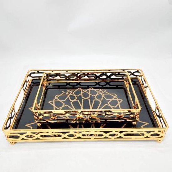 teer Benodigdheden onderbreken Dienbladen Set goud en zwarte moderne kunst glazen binnenkant dienbladen  set 2 delige... | bol.com