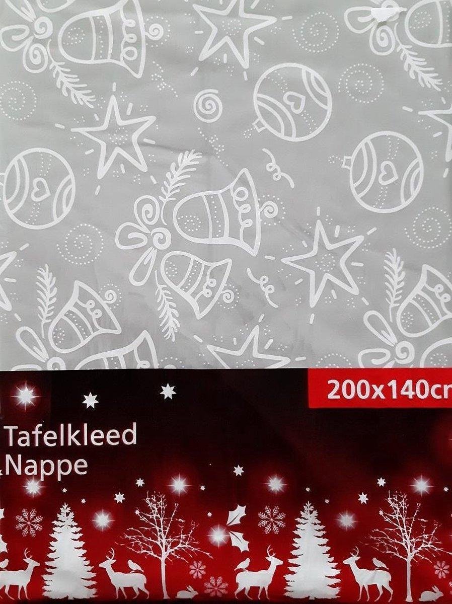 Kersttafelkleed grijs met kerstballen kerstklokken en ster print - 140x200 - kerstmis - tafelkleed kerst - soepel vinyl met flanellen rug - tafellaken - kerstkleed grijs