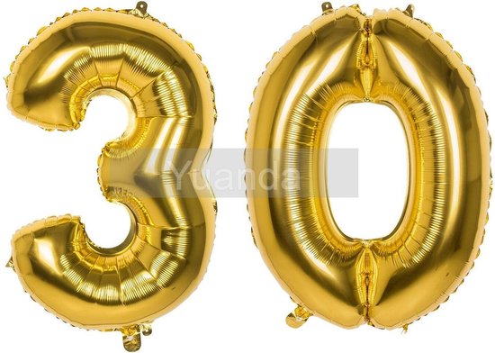 30 Jaar Folie Ballonnen Goud - Happy Birthday - Foil Balloon - Versiering - Verjaardag - Man / Vrouw - Feest - Inclusief Opblaas Stokje & Clip - XXL - 115 cm