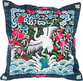 Fine Asianliving Kussenhoes Volledig Geborduurd Blauw Zwart Kraanvogel 45x45cm Zonder Vulling