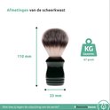 Groene scheerkwast met tweekleurige, zachte haren. Afmetingen: 110 mm hoog, 33 mm breed. Gewicht: 67 gram.