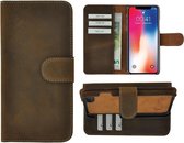 Geschikt voor iPhone X hoesje – Xs hoesje - Bookcase - Portemonnee Hoesje Echt leer Wallet case Antiek Bruin