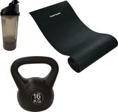 Tunturi - Fitness Set - Kettlebell 16 kg - Fitnessmat 160 x 60 x 0,7 cm - Shakebeker