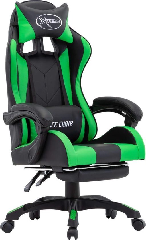 vidaXL - Racestoel - met - voetensteun - kunstleer - groen - en - zwart