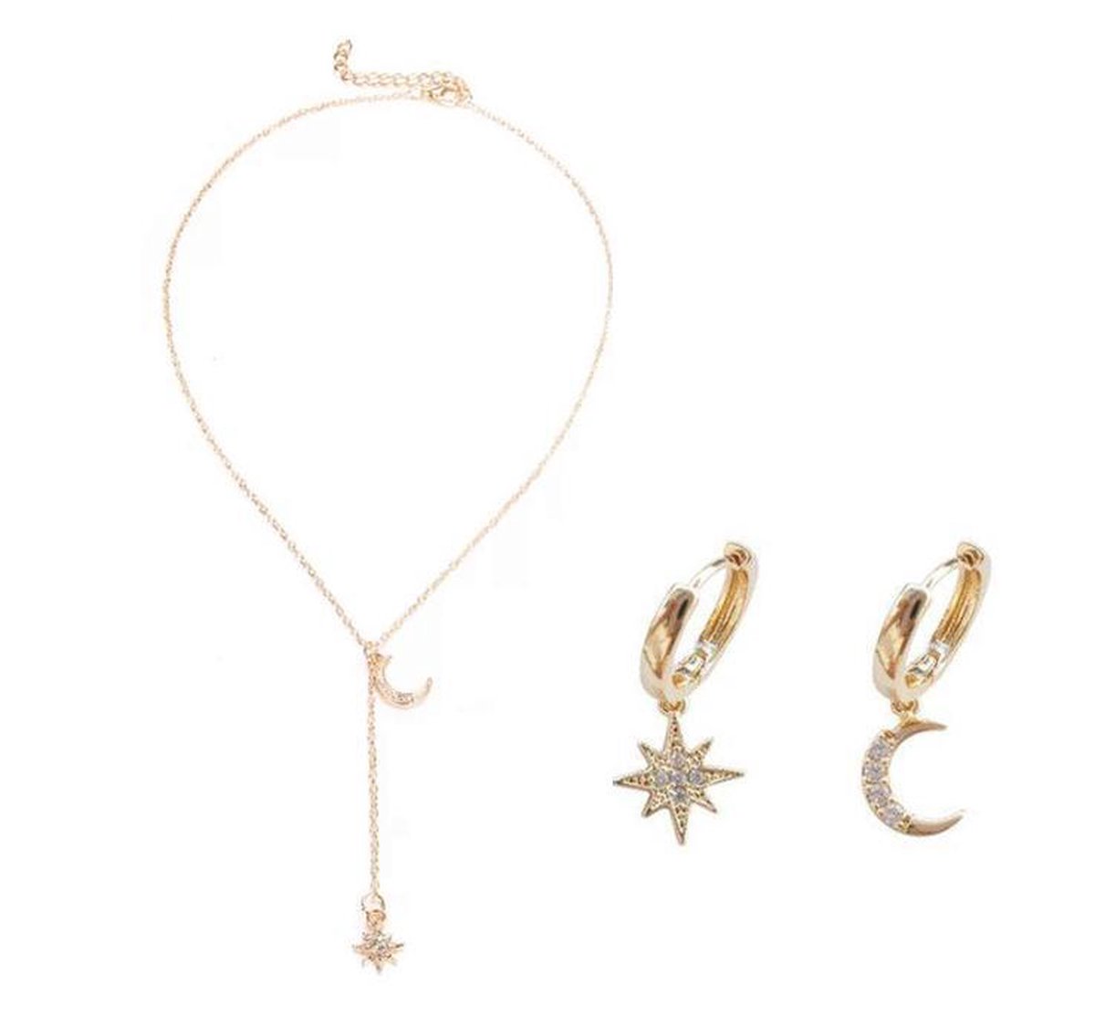 Jomide Sieradenset Ster Maan - Assymmetrisch - Goudkleurig - Ketting/Oorbellen
