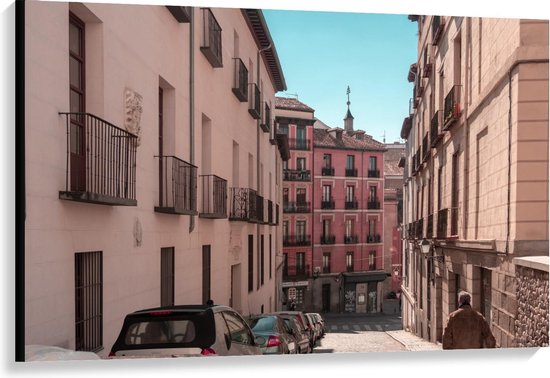 Canvas  - Roze Huisjes in Plaza Mayor Roze - Spanje - 120x80cm Foto op Canvas Schilderij (Wanddecoratie op Canvas)