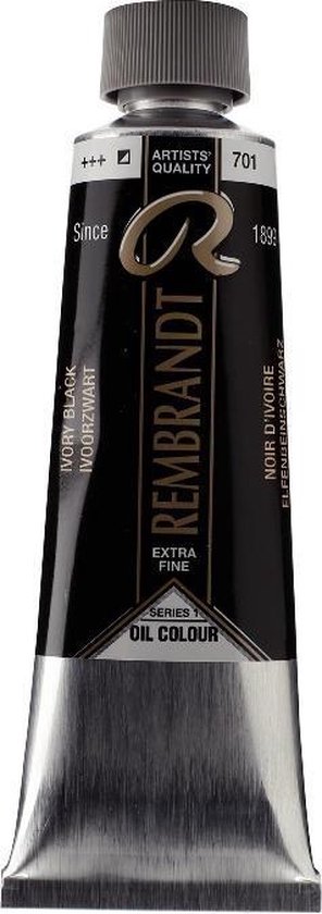 Tube d'huile Rembrandt 150 ml Ivoire Noir 701. Noir avec capuchon argenté et extrémité argentée.