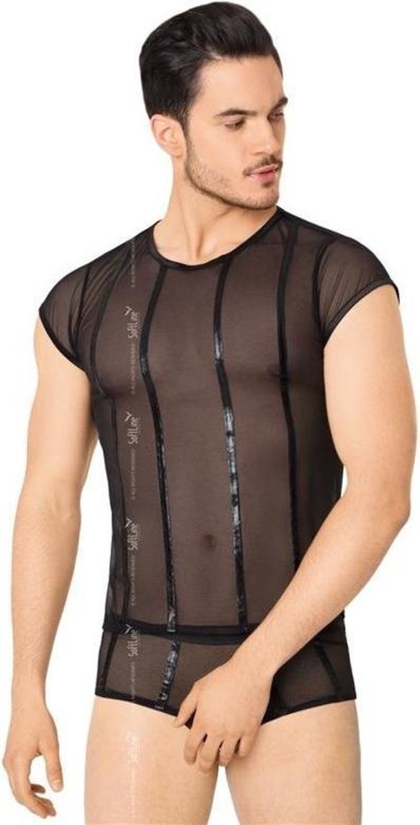 Goedkoopste Wetlook heren -shirt en slip met netstof details- zwart M/L