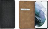 Geschikt voor Samsung Galaxy S21 hoesje - Wallet case- S21 hoesje - Portemonnee Book case Ultra dun Echt leer Croco Zwart